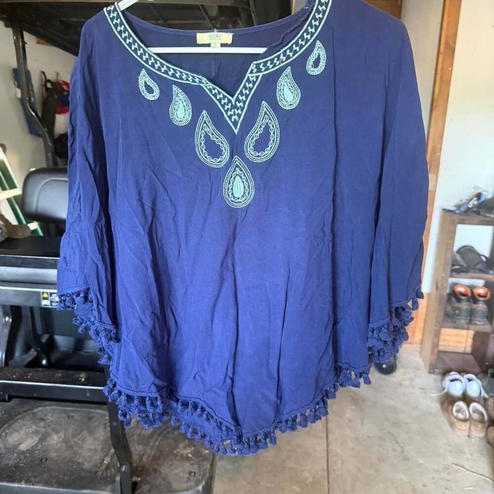 Kori America Blue Embroidered Poncho Top Size S Tassel Trim